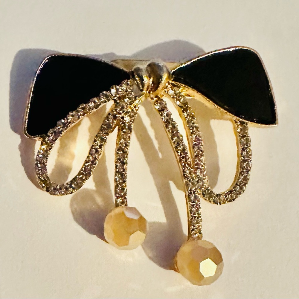 Bow Brooch with Black Enamel and Crystals Gold Tone - Picture 1 of 2